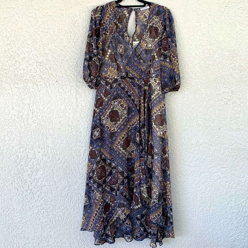 Calvin Klein Faux Wrap Chiffon Printed High low bohemian style dress.